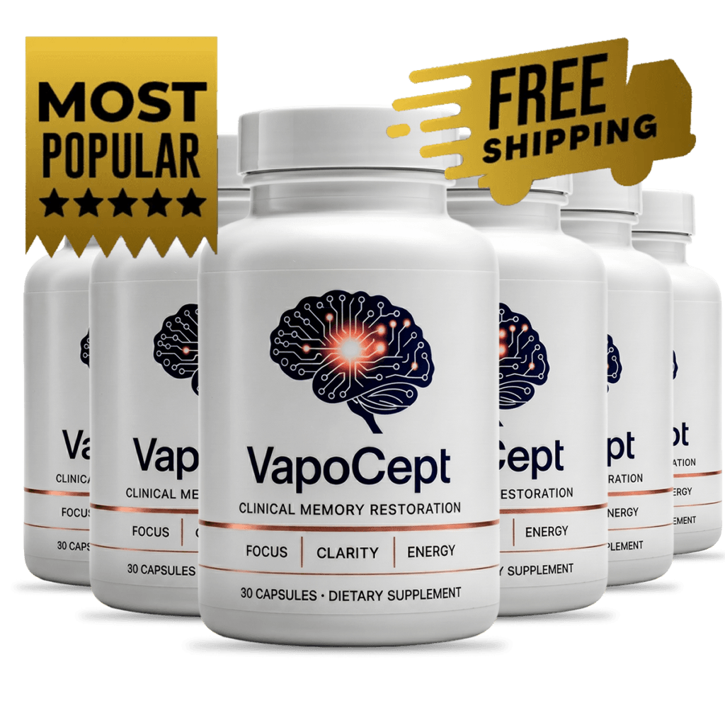 VapoCept supplement bottle with glowing neural brain circuit graphic representing clinical cognitive research